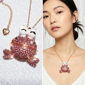 Gold plated pink crystal frog necklace